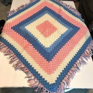 Crocheted Baby Blanket Pink Blue and White